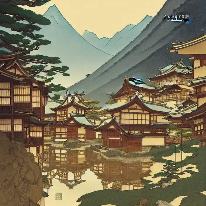 Image similar to japanese mountain town, summer, in the style of studio ghibli, j. c. leyendecker, greg rutkowski, artem