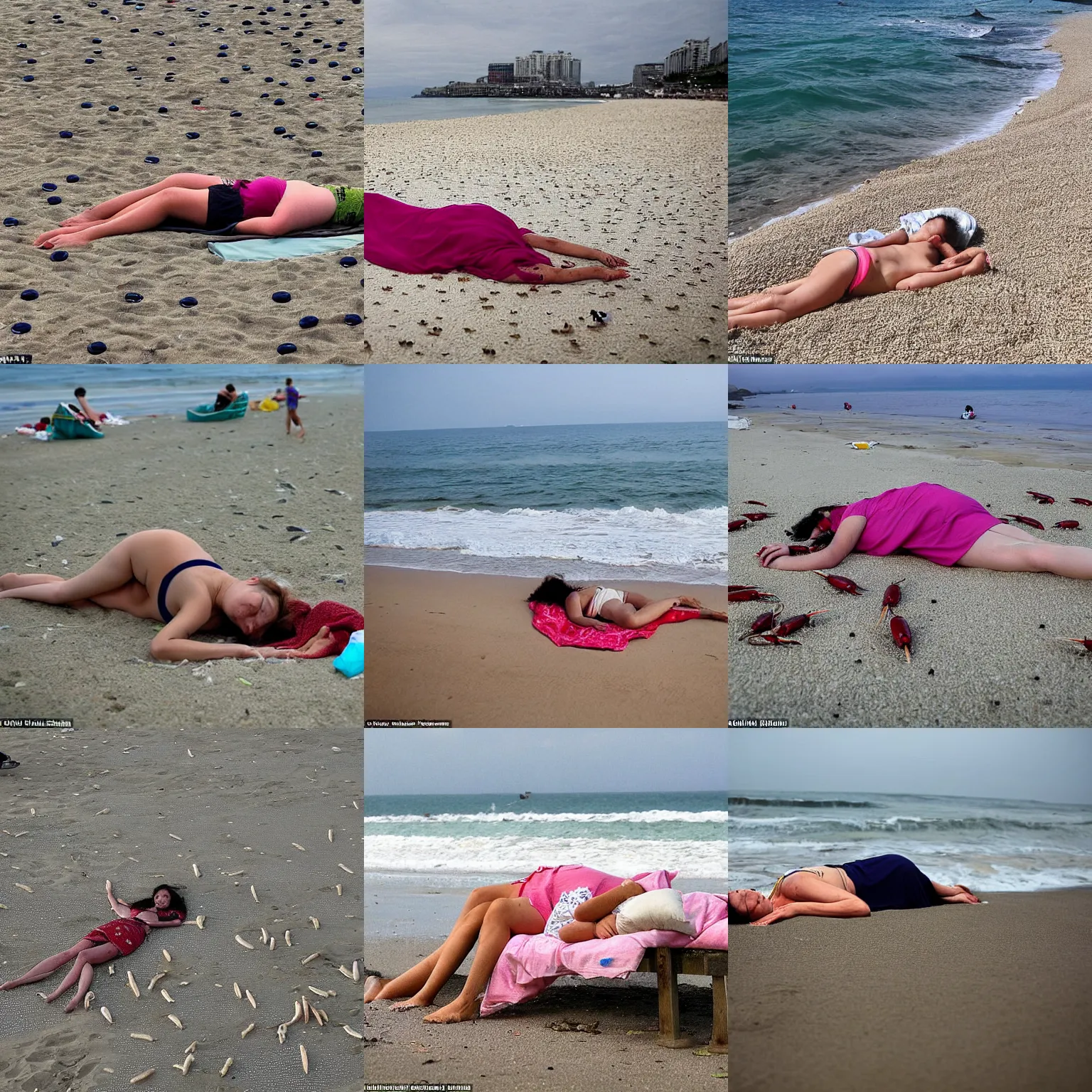 Prompt: A woman lay asleep on the beach near the sea. Thousands of crabs increasingly comes to her from the sea