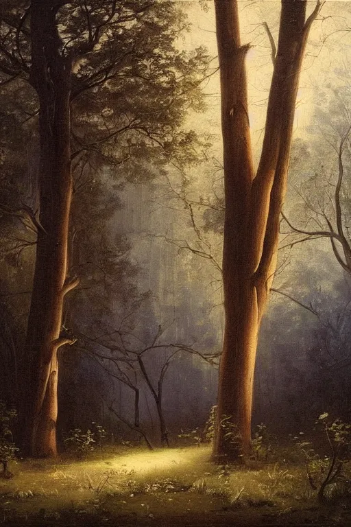 Image similar to dark and spooky painting of a forest dimly lit at night with tiny purple morning glory flowers trailing at the base of trees. muted colour palette, detailed oil painting by asher brown durand