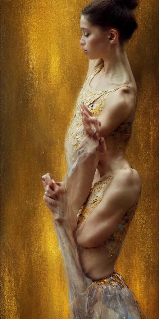 Image similar to an intricate portrait painting of an artistic pose young beautiful ballerina, klimt golden motives and textures, hyper - detailed, octane render, vivid colors, artstation, by jeremy mann, by gustav klimt