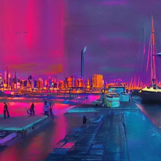 Image similar to the city lights were bright pink and orange and shone overhead. the harbour looked beautiful the sun reflecting off of the water and the neon lights of the city gave of a warm feeling, trending on artstation