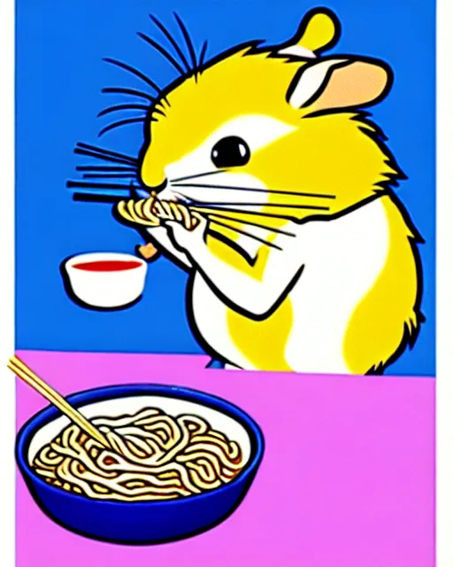 Image similar to cartoon chinchilla eating ramen, disney, hanna barbera