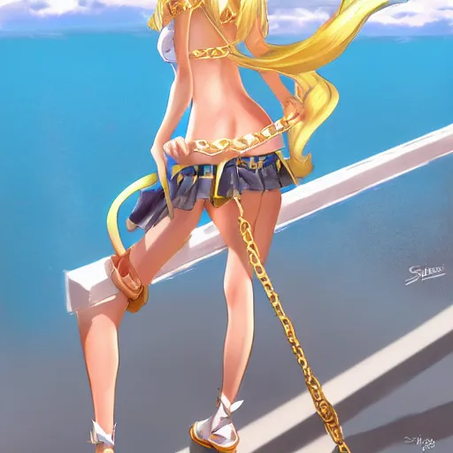 Image similar to full body shot : a very beautiful young blond tennis anime girl in golden chains, sky blue eyes,, tattoo, bikini, miniskirt, highly detailed, cinematic wallpaper by stanley artgerm lau