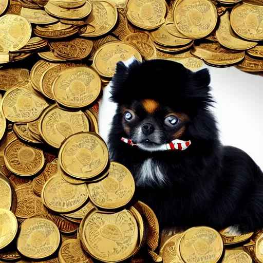 Image similar to A Pomeranian wearing a top-hat and monocle while sitting on a pile of gold coins