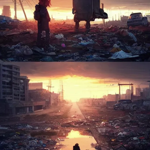 Image similar to poor detailed child with backpack standing at cars looking for food at garbage dump, destroyed cars, city is pure wasteland, moody sunset in background, greg rutkowski, alphonse mucha, trending on artstation, artgerm, unreal engine, breathtaking, award winning, highly detailed