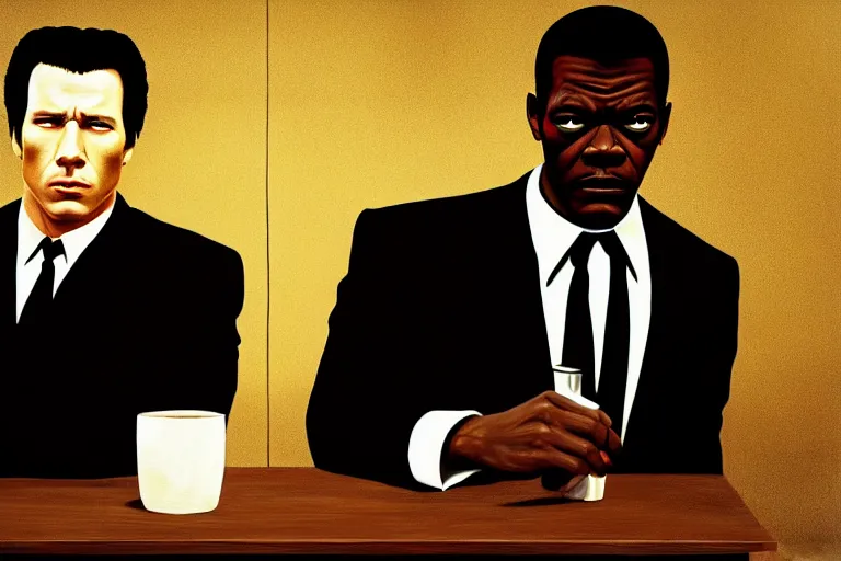 Prompt: painting pulp fiction movie highly detailed full - body samuel l jackson and john travolta posing in cafe, perfect symmetrical eyes, by david lynch, twin peaks style, mulholland drive style, 8 k resolution, digital art, hyper realistic