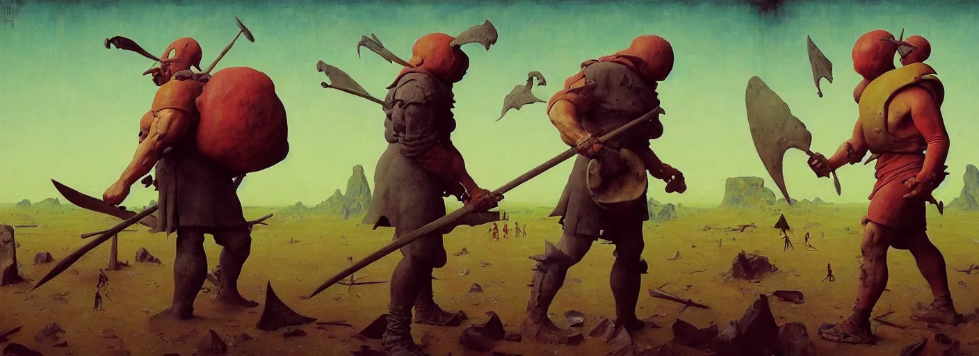 Prompt: full - body portrait surreal colorful clay fighting artstation rpg barbarian character concept art anatomy, action pose, very coherent and colorful high contrast masterpiece by norman rockwell franz sedlacek hieronymus bosch dean ellis simon stalenhag rene magritte gediminas pranckevicius, dark shadows, sunny day, hard lighting, reference sheet white! background