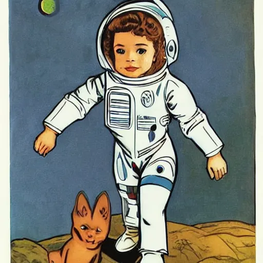 Prompt: a cute little girl with a mischievous face and short brown wavy curly hair. she is dressed as an astronaut. well composed, clean elegant painting, beautiful detailed face. comic book art by steve ditko and jack kirby and bouguereau