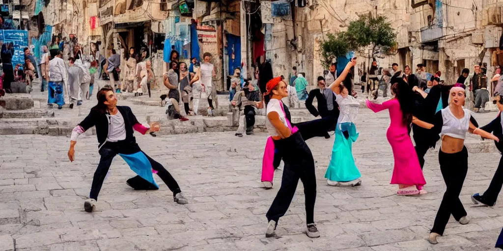 Image similar to dancing in the streets of futuristic jerusalem on shabbat. cinematic. beautiful. colorful. epic framing