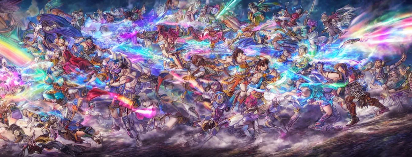 Image similar to rainbow souls fighting on a battlefield with spirit power flying around. hyperrealistic anime background illustration by kim jung gi, colorful, extremely detailed intricate linework, smooth, super sharp focus, bright colors, high contrast, matte, octopath traveler, unreal engine 5 highly rendered, global illumination, radiant light