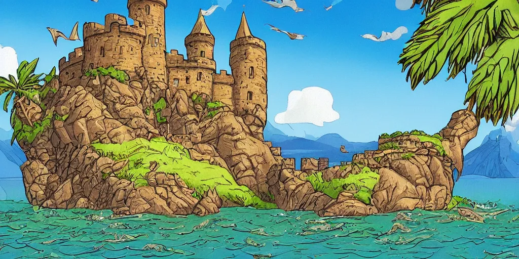 Prompt: stunning landscape of a castle on a lost island on a sunny day by brian k. vaughan