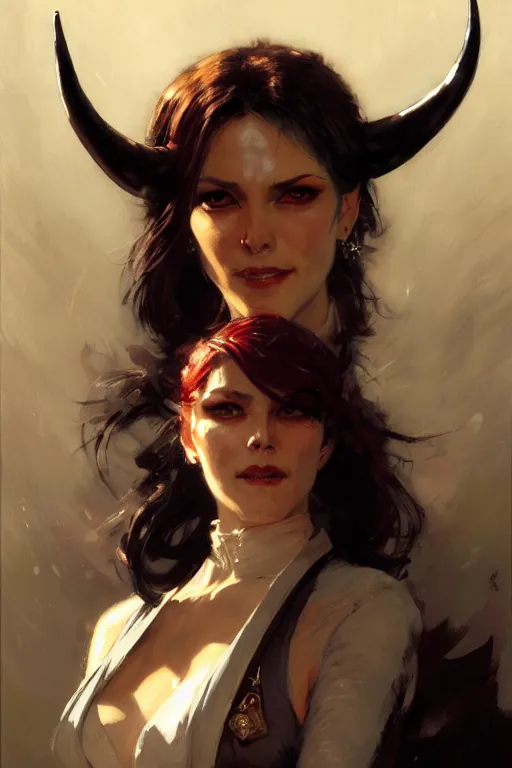 Prompt: well dressed woman in a business suit with a sly smile and demon horns portrait dnd, painting by gaston bussiere, craig mullins, greg rutkowski, yoji shinkawa