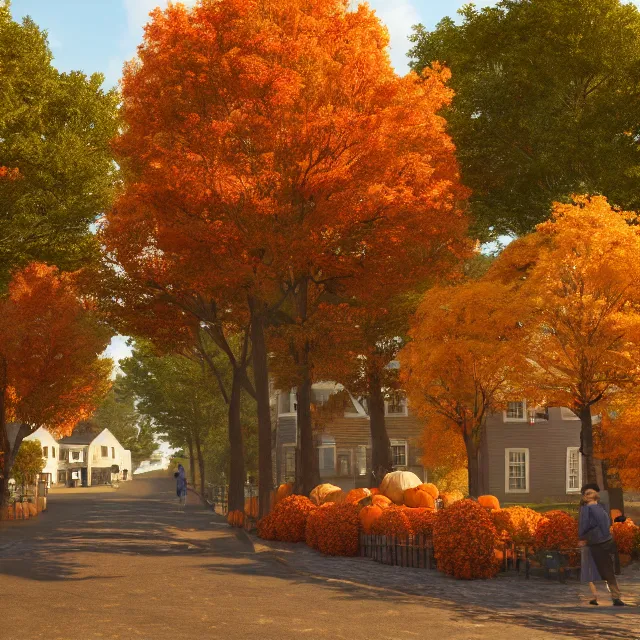 Prompt: small new england colonial city street with shops and pumpkins, maple trees with fall foliage, new hampshire mountain, stone walls, volumetric, realistic, cinematic lighting, ray tracing, unreal engine 5, octane render, hyper realistic, photo, 8 k