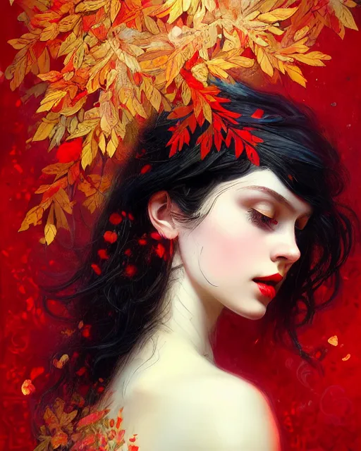 Image similar to highly detailed beautiful pale skin hippie, black hair, flying leaves on backround, symmetrical, red lips, paint by ilya repin and anna dittman trending on artstation, intricate details, energetic composition, golden ratio, concept art, illustration, elegant art