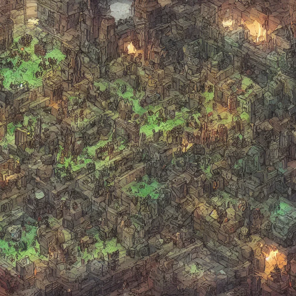 Image similar to An intensely bureaucratic villains lair with dozens of henchman doing paperwork, gridless DND map, 8k digital art, high quality,