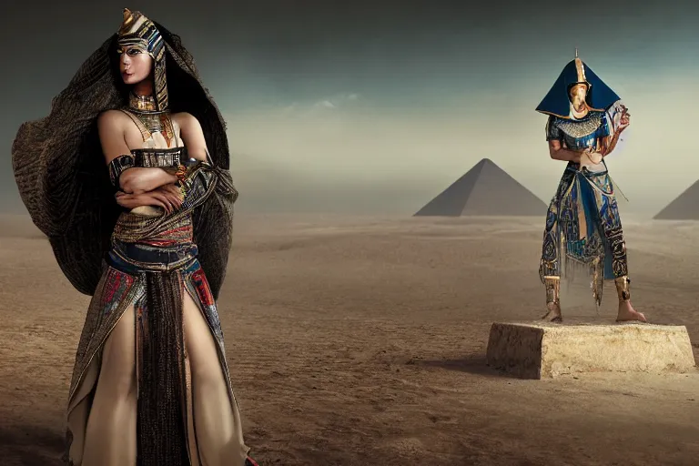 Image similar to a cinematic photograph of a beautiful woman wearing egyptian clothing stood on a pyramid overlooking a vast dystopian desert landscape with a river, rainy day, beautiful lighting, depth, accurate details, by marco mazzoni and zack snyder