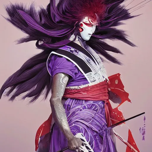 Image similar to portrait of an insane kabuki man wielding a spear covered in a distorting aura, intricate purple hakama, poofy red wig, eerie, highly detailed, dark fantasy, shallow depth of field, art by artgerm and greg rutkowski