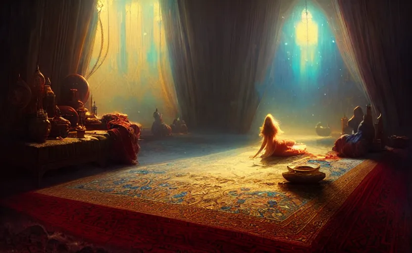 Image similar to magic fluffy Persian carpet dimension, by Greg Rutkowski and Gaston Bussiere, dim lighting, beautiful volumetric-lighting-style atmosphere, surreal atmosphere, intricate, detailed, photorealistic imagery, artstation