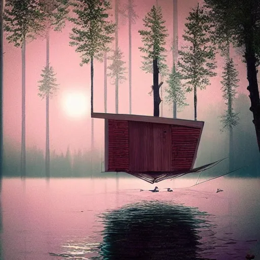 Image similar to “ swedish futuristic cabin next to the lake in the forest by simon stalenhag, misty morning, cinematic ”