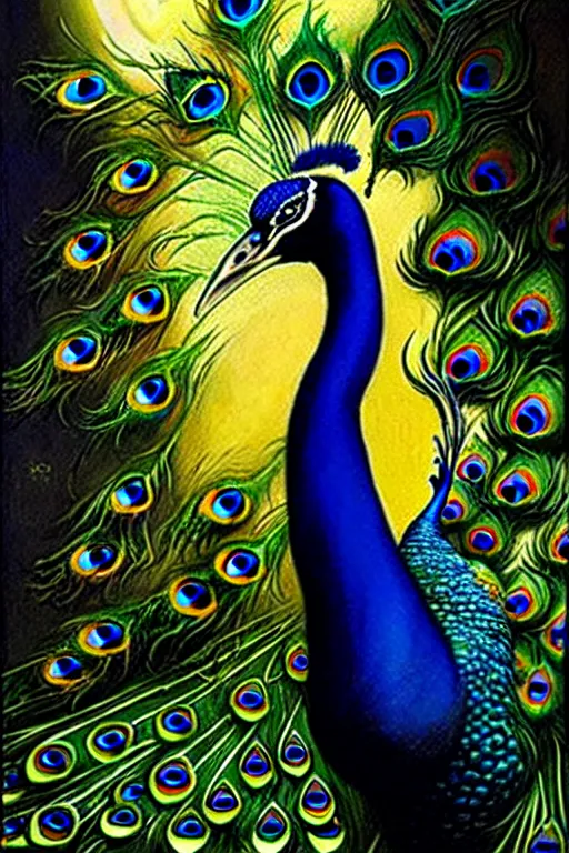 Prompt: the vision of the universal peacock by brom, symbolist, visionary