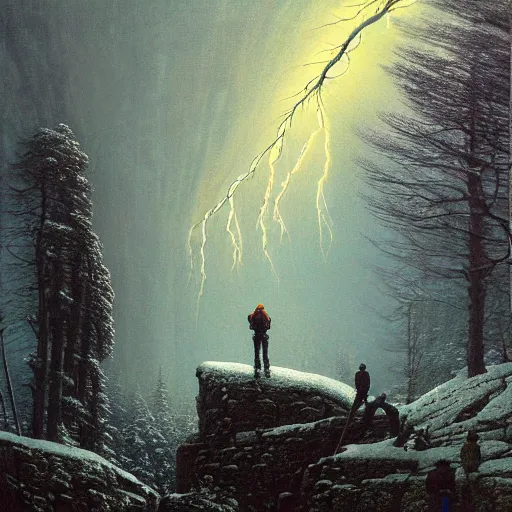 Image similar to a beautiful painting of group of climbers, extreme cold, storm, octane rendering, grim, dark, gloomy, cruel, volumetric lightning, hyperrealism, no blur, 4 k resolution, ultra detailed, style of john atkinson grimshaw, ivan shishkin, tyler edlin, scott listfield, eric zener