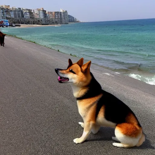 Image similar to shiba inu laughing at heavy car traffic leaving a Crimean beach