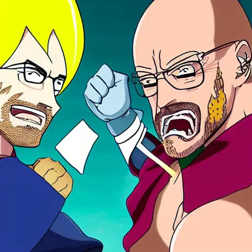 Image similar to Jessie pinkman wrestling walter white breaking bad in one piece anime style