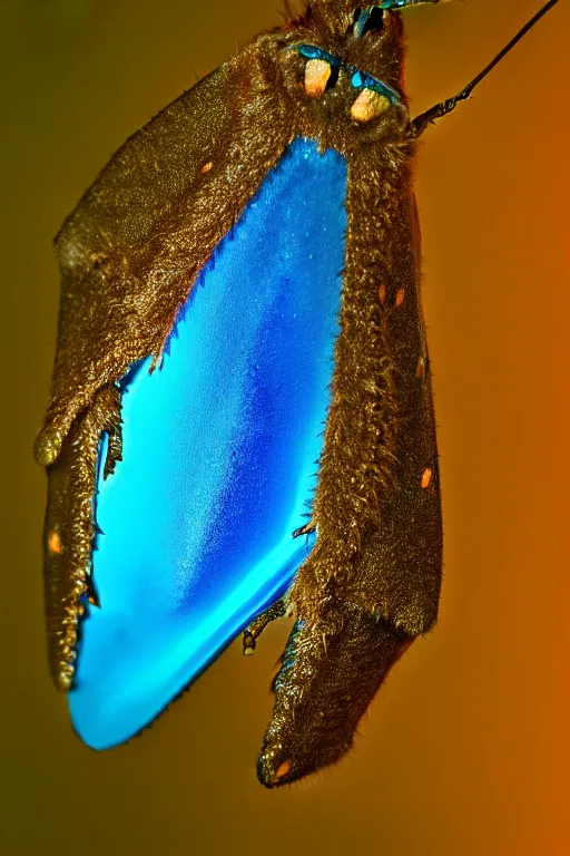 Prompt: high quality macro photo gelatinous furry moth! jeweled gorgeous! highly detailed david ligare elson peter cinematic blue neon lighting high quality low angle hd 8k sharp shallow depth of field