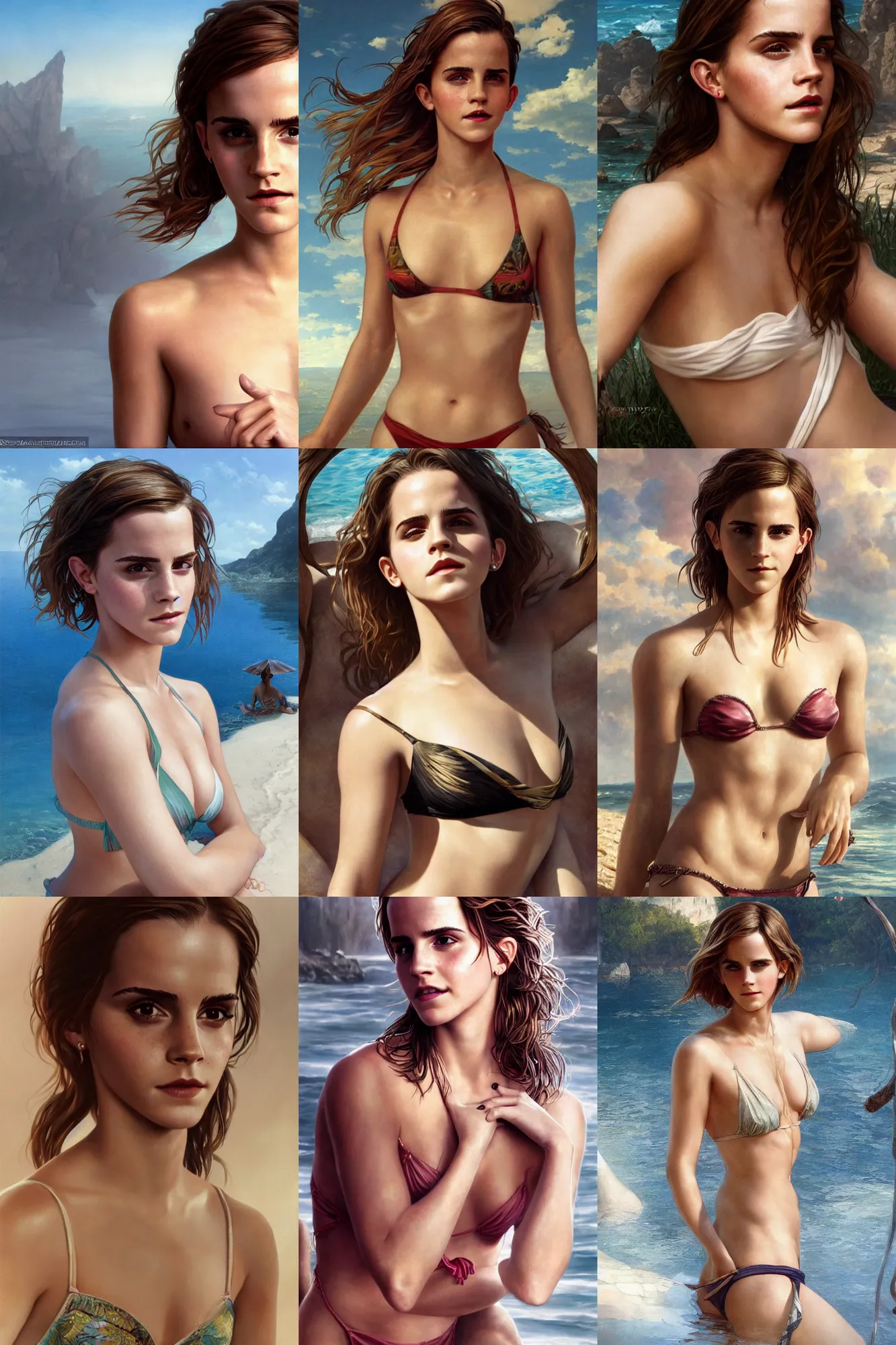 Prompt: sexy painting of emma watson, bikini, ultra realistic, sharp details, subsurface scattering, intricate details, warm lighting, beautiful features, highly detailed, photorealistic, octane render, 8 k, unreal engine, art by artgerm and greg rutkowski and alphonse mucha