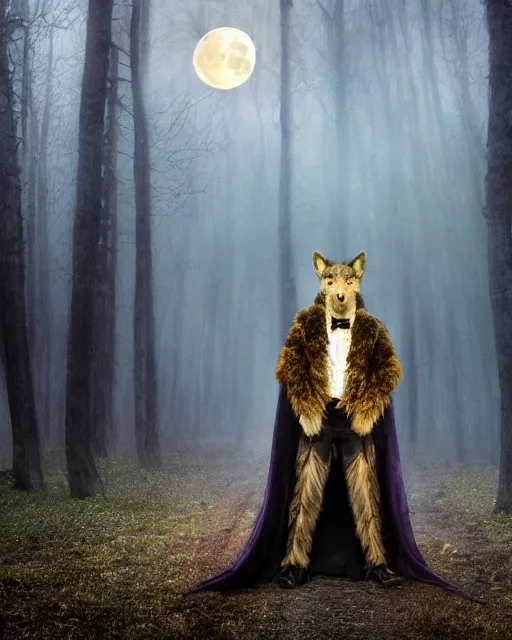 Image similar to Tall emaciated man wolf hybrid, covered in matted fur, he has yellow wolf eyes, a long bent rat like tail, long coyote like ears, and is Wearing a purple velvet cape and Top Hat, Atmospheric Full Moon, beautiful foggy Forrest, highly realistic, Rick Baker style, photoreal, photograph in the style of Annie Leibovitz, artstation