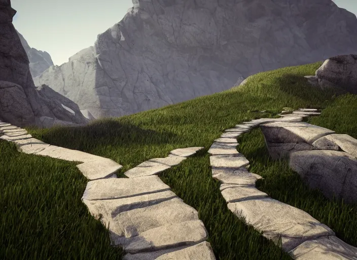 Image similar to pathway between two mountains both sides, rocks unreal engine render