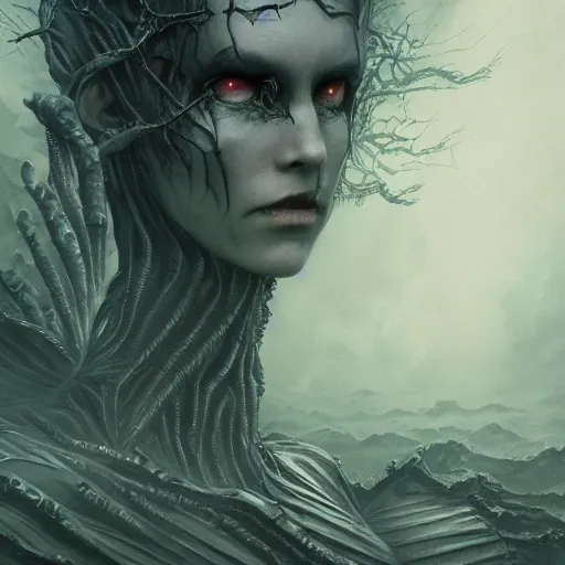 Image similar to evil, lovecraftian, mystic occult arcane, undead, eldritch fallen angel sorcereress alien. dark fantasy art by greg rutkowski, jim burns, gustave dore, amanda sage and junji ito. 8 k resolution concept art photorealism poster art