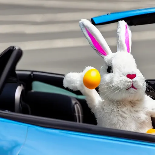 Image similar to easter bunny driving a convertible, studio photo, high quality