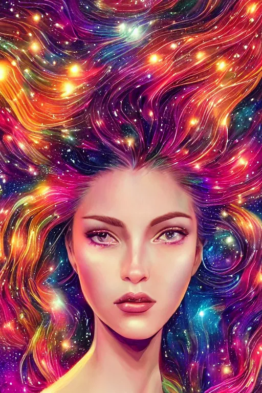 Image similar to one super realistic beautiful young womans face, magical, space stars and planets in her hair, windblown, intricate, synth-wave, retrowave, colorful, highly-detailed, elegant, dramatic lighting, gorgeous face, lifelike, photorealistic face, long luxurious intricate gown, digital painting, artstation, illustration, concept art, smooth, sharp focus, art by Jude Palencar, John Collier, artgerm, and Albert Aublet and Krenz Cushart and Artem Demura and Alphonse Mucha