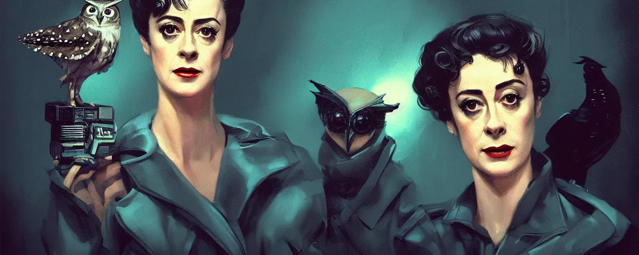 Prompt: duotone concept illustration 3 / 4 portrait of sean young as rachael from blade runner 1 9 8 2 with owl in the background. cinematic volumentric lighting. golden ratio tech noir by sachin teng and sergey kolesov and ruan jia and heng z. graffiti art, scifi, fantasy, hyper detailed. octane render. concept art. trending on artstation