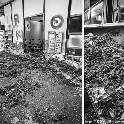 Image similar to a ransacked grocery store, broken signs, filthy flooring. Vines growing. Award-winning photo. OM system 12–40mm PRO II 40mm, 1/100 sec, f/2 8, ISO 800