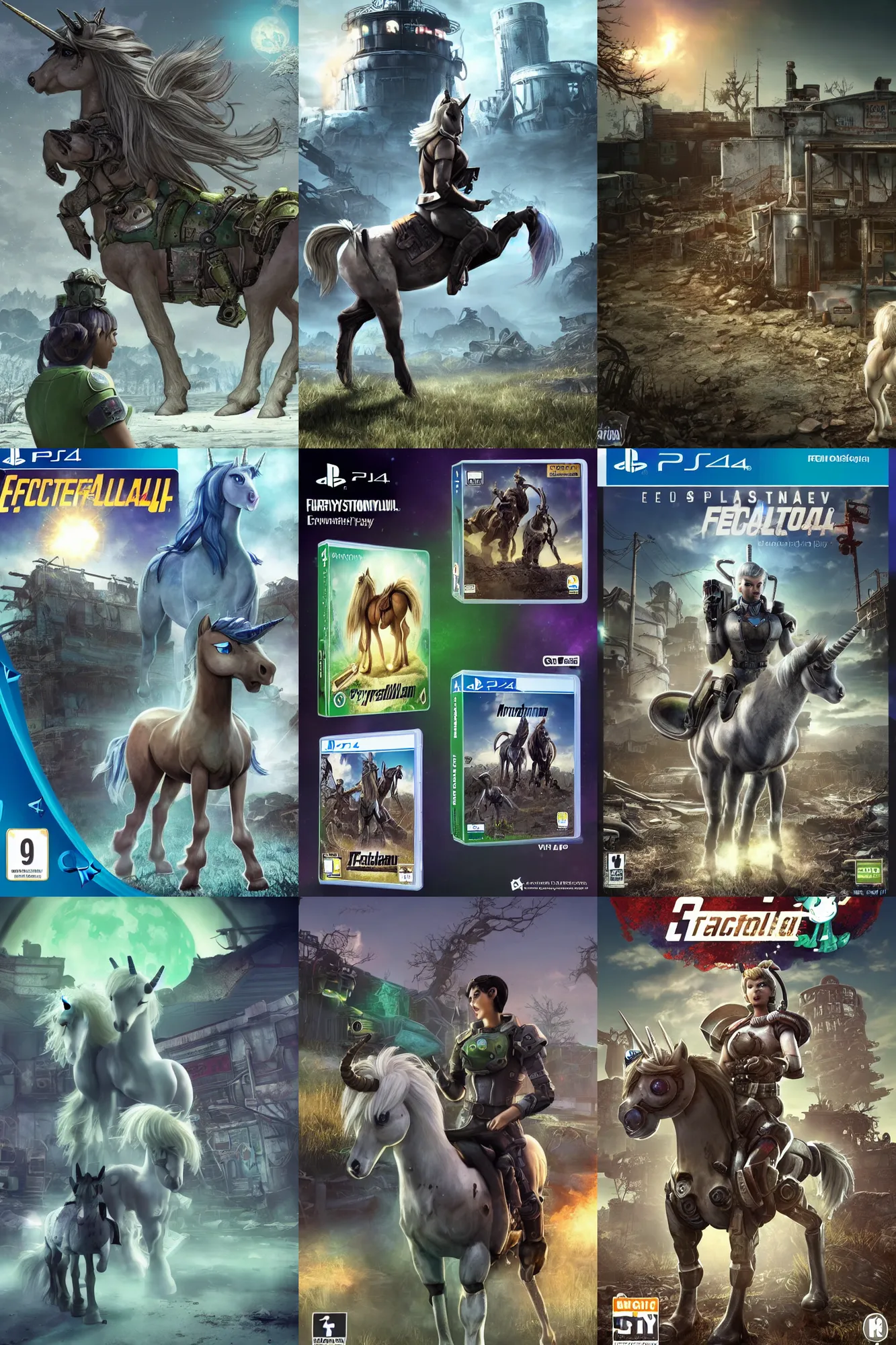Prompt: ps 4 game box front cover for fallout : equestria | fallout 4 ps 4 cover art white unicorn pony with brown shaggy mane with glowing green magic around her horn looking at the viewer | quadrupedal, epic stark lighting, solo pony portrait in dark abandoned building, trending on derpibooru, 8 k, my little pony : friendship is magic, fallout, crossover
