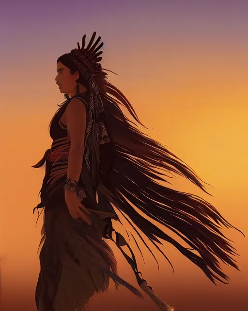 Image similar to the shadow, a gorgeous native American woman, a feather scarf, head ban with eagle feather, elk hide wrap and a bokeh western desert background at sunset, highly detailed, hard light digital painting, artstation, concept art, sharp focus, illustration, inspired by greg rutkowski and alphonse mucha and Felix Kelly