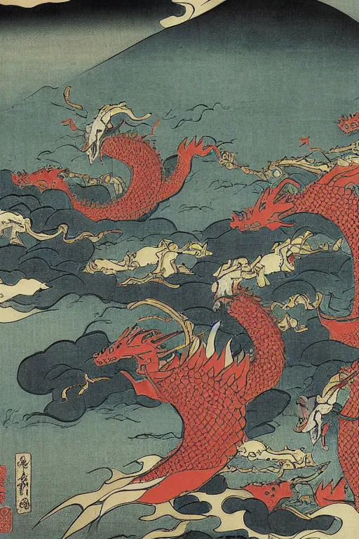 Image similar to A sea of dragons by Utagawa Kuniyoshi, ukiyo-e, nightmare ocean storm