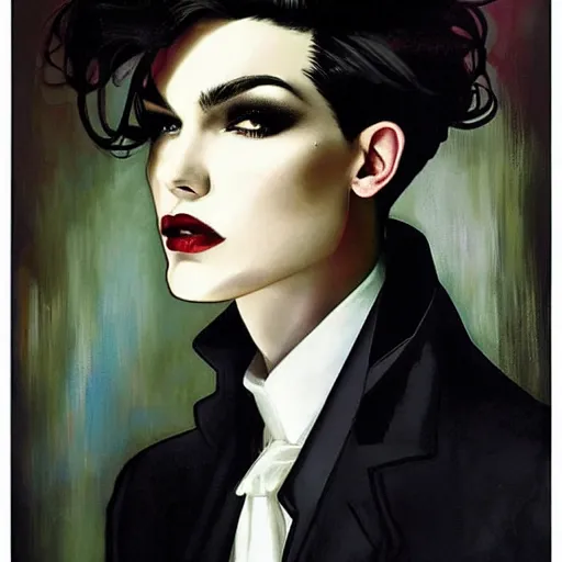 Image similar to stunning portrait of androgynous ruby rose as desire from sandman in a white tuxedo!!!, rockabilly style, by frank moth, by alphonse mucha, by jeremy mann, by peter lindbergh, dave mckean, white suit and black tie, soft lightning, high detailed, 8 k