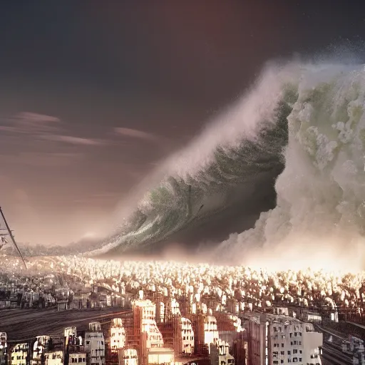 Image similar to 1 0 0 m high tsunami wave hits a city, highly detailed, 3 d octane render, epic lighting