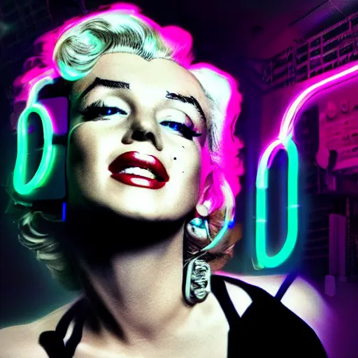 Prompt: marilyn monroe portrait, cyberpunk vr headset, futuristic, wires, neon hard lights, realistic, detailed, photography, vogue photoshoot