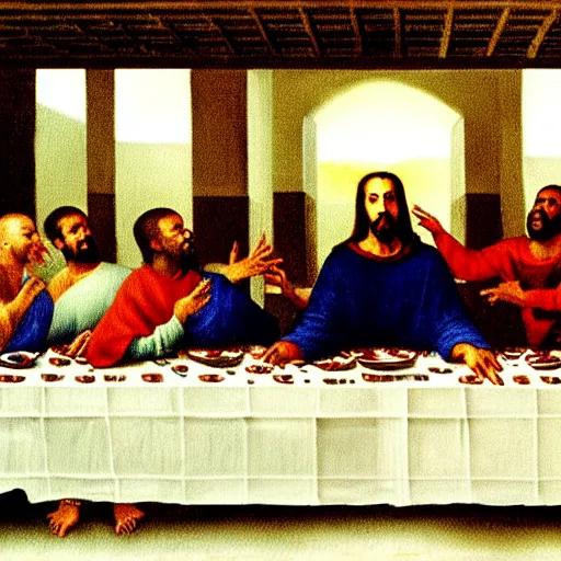 Prompt: Kanye West in the Last Supper painting