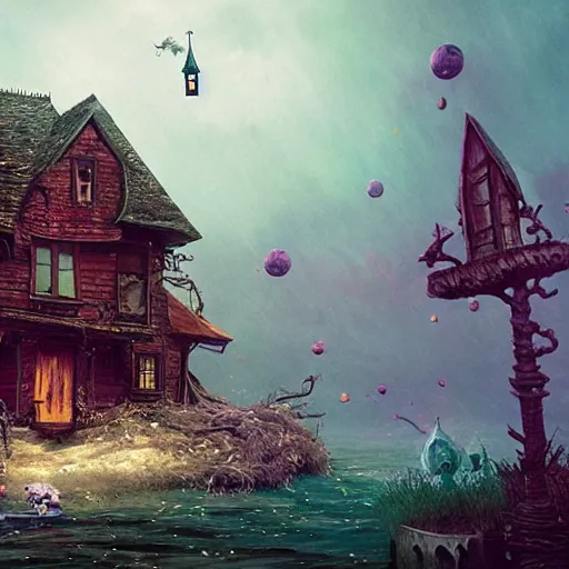 Prompt: a realistic scary witch in front of a witch house which is made out of candy, floating on the ocean, epic scene, fantasy, cinematic, hyper - detailed, in the style of greg rutkowski