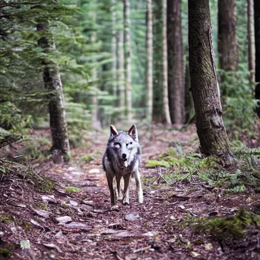 Prompt: A wolf roaming in the forest, EOS-1D, f/1.4, ISO 200, 1/160s, 8K, RAW, unedited, symmetrical balance, in-frame