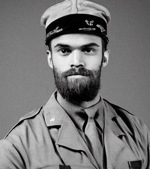 Image similar to Grainy black and white photo of PewDiePie as a WW2 general