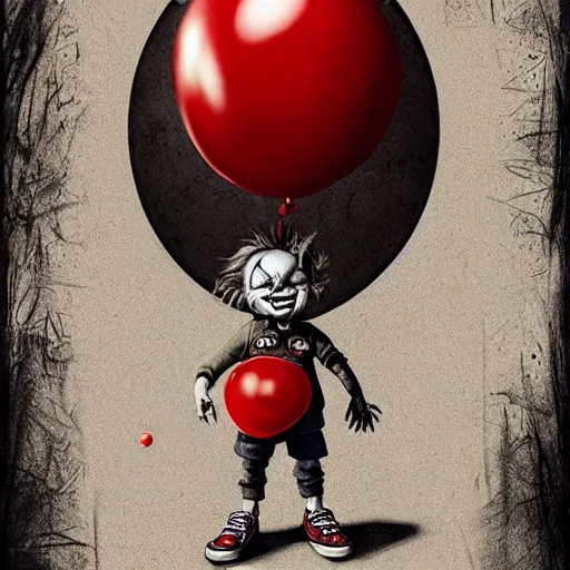 Image similar to surrealism grunge cartoon portrait sketch of chucky with a wide smile and a red balloon by - michael karcz, loony toons style, pennywise style, horror theme, detailed, elegant, intricate