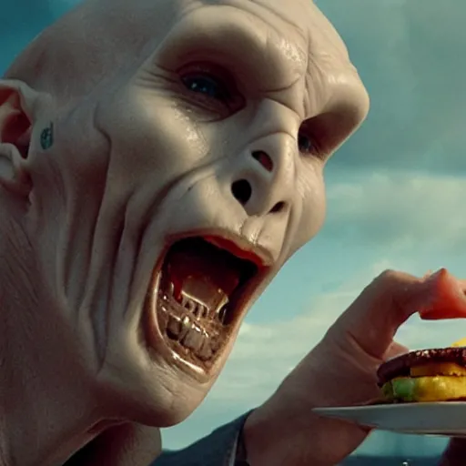 Image similar to Lord Voldemort eating a cheeseburger, photo realistic, award-winning, highly-detailed, epic, cinematic, dramatic