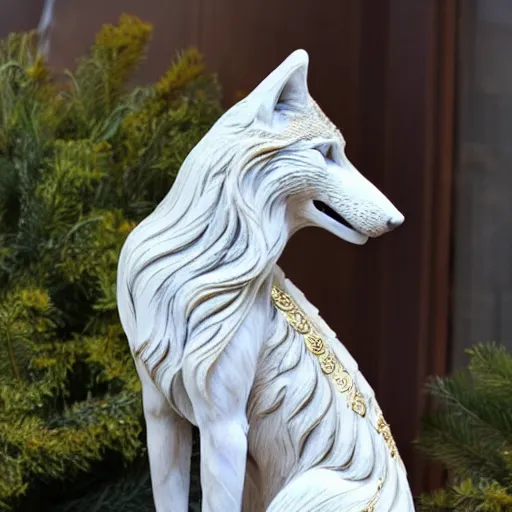 Image similar to gorgeous wolf statue with gold filigree, carved marble