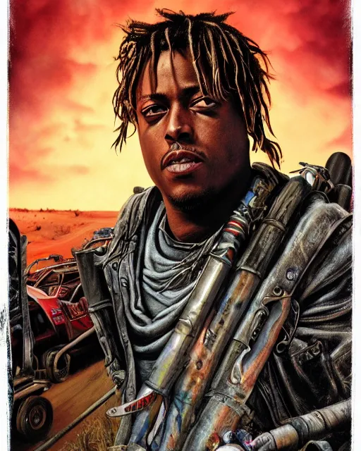 Image similar to juice wrld in dystopian raider mad max post apocalpytic, airbrush, drew struzan illustration art, key art, movie poster